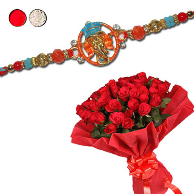 "Rakhi - FR- 8350 A (Single Rakhi), 25 red roses flower bunch - Click here to View more details about this Product